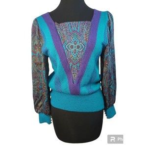 VTG UMI Collections Anne Crimmins Knit Paisley Sweater Balloon Sleeve Blue SZ SM